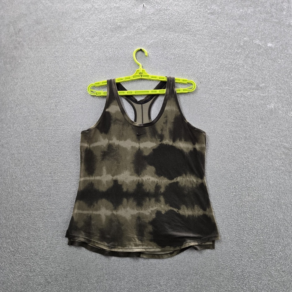 Nike Women Tank Top L Olive Green Tie Dye Activewear Dri-Fit Scoop Neck Pullover